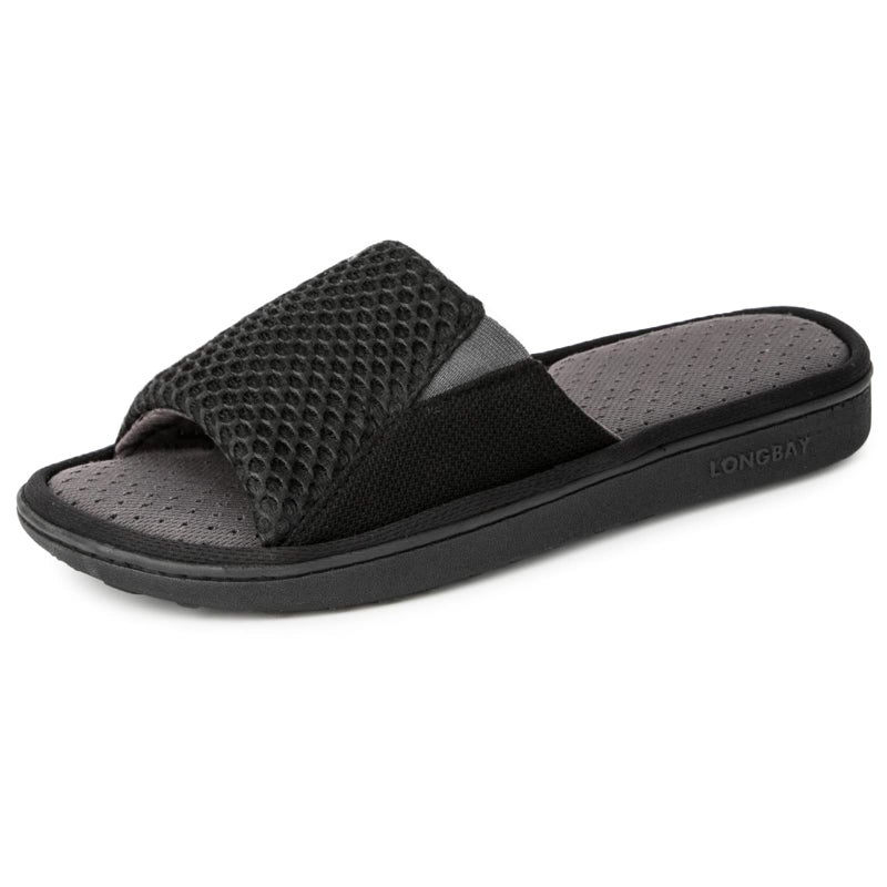 LongBay Men's Comfy Memory Foam Slide Slippers Breathable Mesh Cloth House Shoes (Large / 11-12 D(M) US, Black) - Image 1